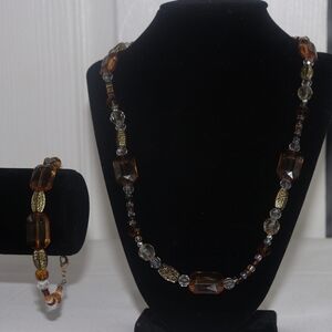 Elegant Brown and Gold Beaded Necklace and Bracelet Set